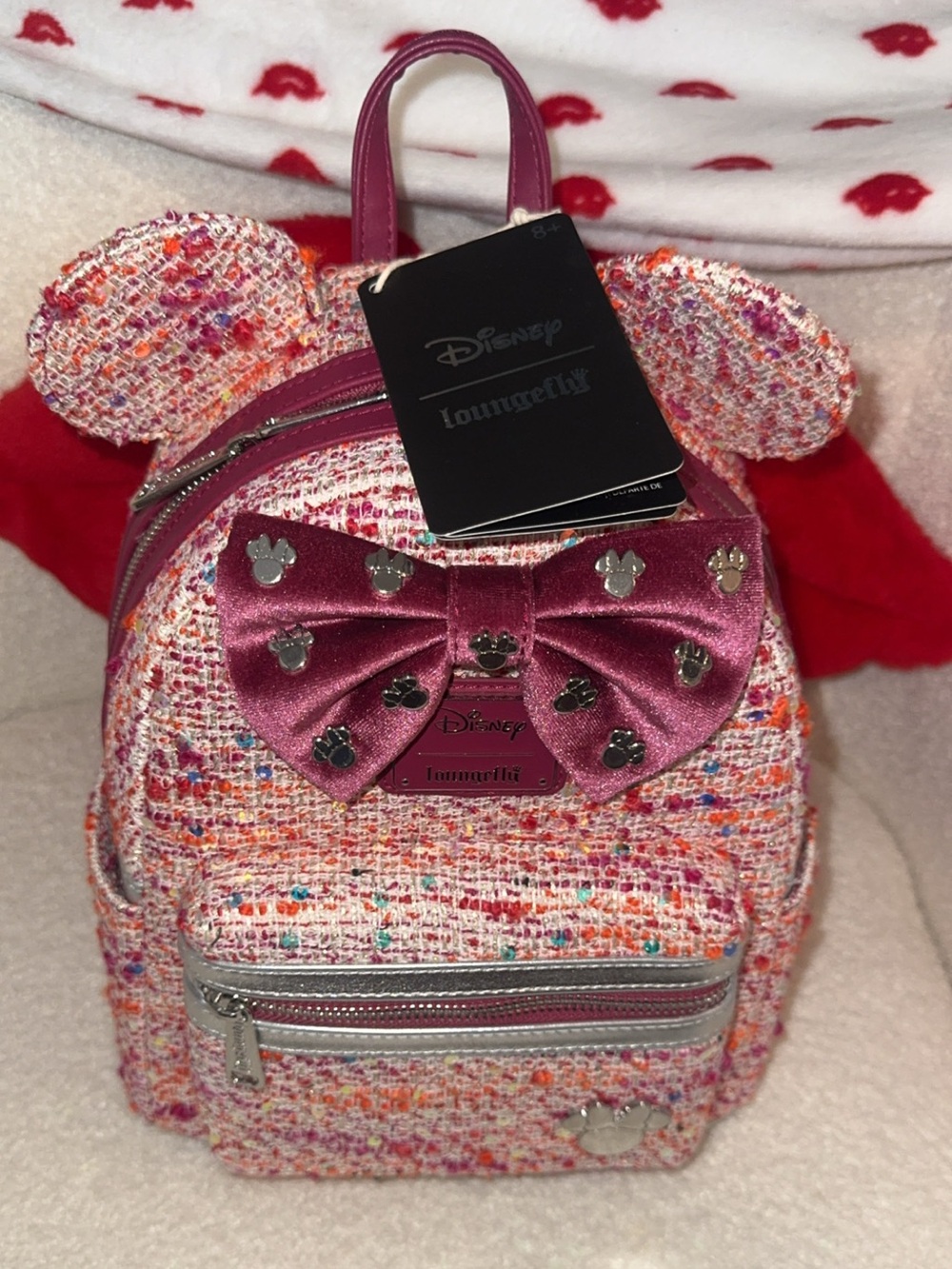 Disney x Loungefly Pink Tweed Minnie Ear Mini Backpack. NWT.